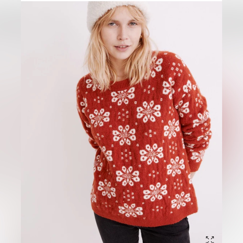 New Madewell Althen Patterned Merino Wool Blend Red Floral Knit Autumn Sweater S